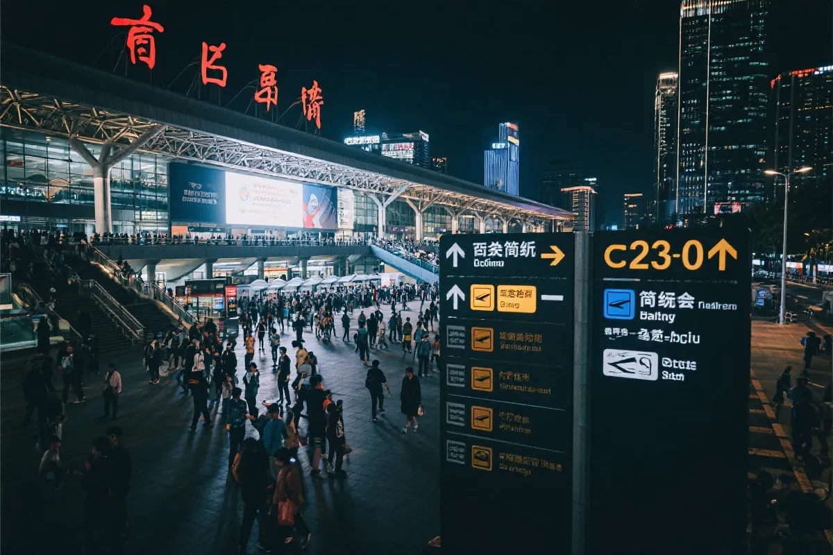 赛事期间城市公共交通与步行导视系统，夜间人流有序通行