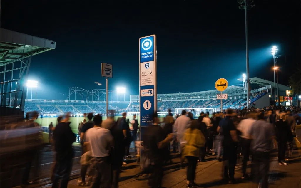 夜晚球场外的人流与公共交通指引，电影感街景